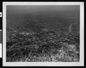 Aerial view of the intersection of La Brea Avenue and Manchester Avenue in Los Angeles, 1932