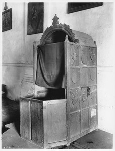 Confessional box at Mission Santa Inez, ca.1904-1906