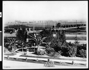 View of Beverly Hills showing a Pacific Electric Station, looking south from the park, ca.1918