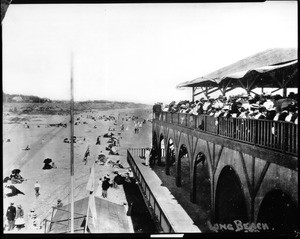 The beach at Long Beach looking out from the pier, California, 1890