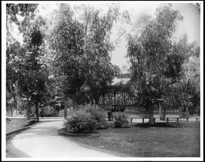 Pershing Square, showing bandstand in the background, ca.1895