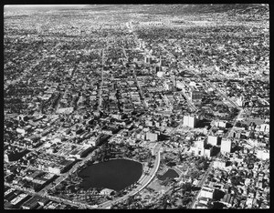 Low-altitude aerial view looking west over Westlake Park (later MacArthur Park), 1951