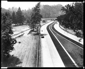 View of the Arroyo Seco Park and Channel looking northeast after the construction of the Pasadena Freeway, ca.1941