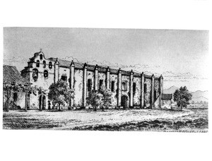 Drawing by Henry Chapman Ford, depicting an exterior view of the Mission San Gabriel, ca.1900