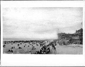 Long Beach and the Long Beach Bath House from the pier, ca.1910