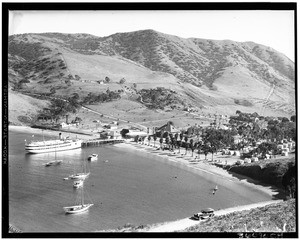 Panoramic view of Two Harbors with large boat docked, Santa Catalina Island, California