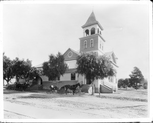 Exterior view of the Friends Church in Whittier, ca.1900