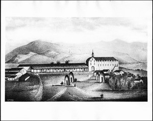 Painting of Mission San Gabriel as seen in Alfred Robinson's book, "Life in California", ca.1838-1846