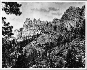 View of the rough terrain on the side of a mountain at Castle Craig, Shasta County, ca.1900-1940
