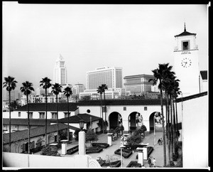 Exterior view of Union Station, looking west toward the Civic Center, ca.1942