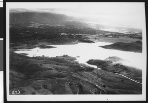 Aerial view of Puddingstone Reservoir, ca.1930