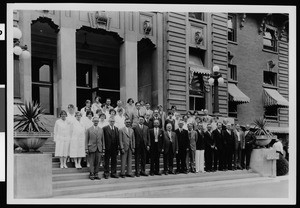 Hospital superintendent and administrative staff on the steps of the Administration Building, Los Angeles County General Hospital, ca.1925