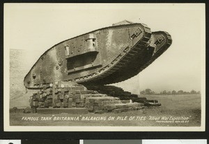 The famous tank Britannia at the World War I Allied War Exposition in Los Angeles, August 1-10, 1918