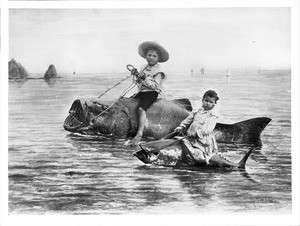 Composite of Santa Catalina Island fish being ridden by two children