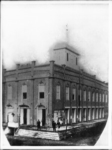 Exterior view of first Los Angeles County Court House, ca.1875