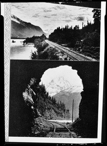 Two general views of Alaska, edited together, showing a long train track at top, 1935