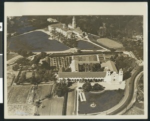 Aerial view of the Santa Barbara Mission and Saint Vincent's College in Santa Barbara, January 22, 1931