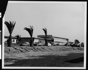 Exterior view of Pereira Hall, the newly completed Engineering Building at Loyola Marymount University, ca.1955