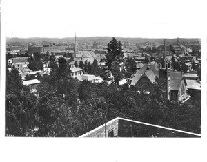 Birdseye view of Los Angeles, looking from the Crocker Mansion on the south-east corner of Third Street and Olive Street at Bunker Hill, ca.1888