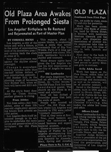 L.A. Times news article entitled "Old Plaza Area Awakes from Prolonged Siesta" by Cordell Hicks, November 1959