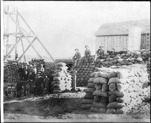 Miners lounging around sacks of ore from the Red Top mine, Goldfield, Nevada, ca.1900