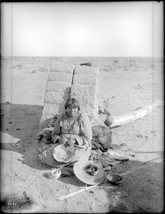 Pima Indian woman, Etta Morgan, basket maker, ca.1900