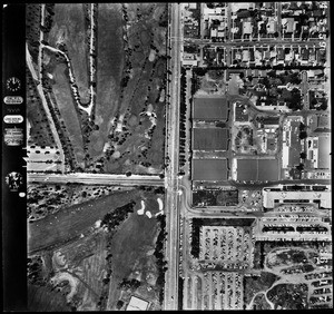 Aerial view of Century City showing a golf course at left, May 1, 1959