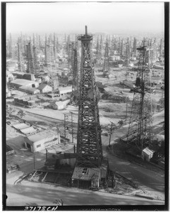Single oil rig standing ahead of oil field