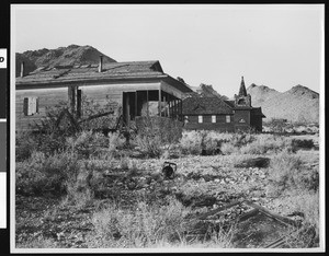 Exterior view of the Rhyolite deserted mining camp on the way to Death Valley, ca.1900-1950