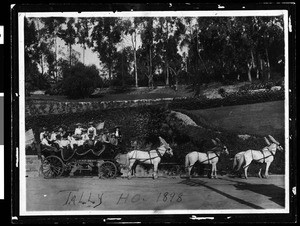 Decorated horse-drawn carriage carrying about a dozen passengers, 1898