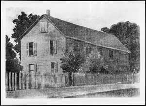 Lithograph depicting an exterior view of the First Methodist Meeting House in Los Angeles, ca.1885