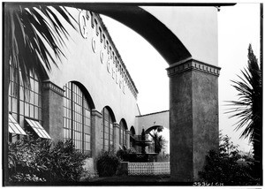 Exterior view of the Goodrich building showing a fountain, Los Angeles