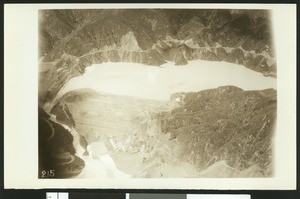 Aerial view of flooding near the San Gabriel Dam Number One, ca.1930