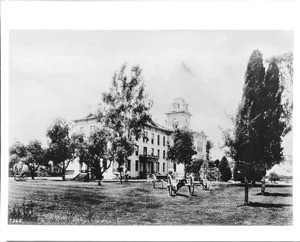 Exterior view of Army Headquarters on Sixth Street between Broadway and Hill Street on the south side, Los Angeles, 1889