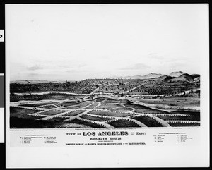 Lithograph showing a birdseye view of Los Angeles and Brooklyn Heights (Boyle Heights) from the east, ca.1877