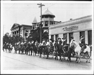 Horsemen in a line in a Los Angeles parade