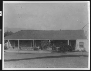 Exterior view of the Ortega adobe in Santa Barbara, facing the Plaza, ca.1935