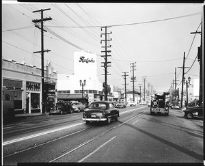 View of Santa Monica Boluevard, looking east of Vermont, showing Ralphs grocery store, 1954 (1951?)