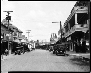 View of a commercial street in Placerville, showing the Hotel Placerville, ca.1930