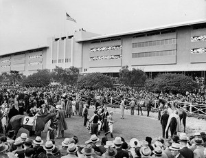 View of the Santa Anita Race Track paddock, showing spectators, possibly ca.1934-1939