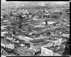 Birdseye view of Los Angeles looking east from the City Hall tower at a proposed site for Union Station, ca.1931