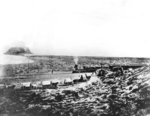 Governor Stanford's train on way to Golden Spike ceremony at Monument Point, May 10, 1869