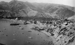 Birdseye view of Avalon Harbor showing a large steamer at the dock, ca.1902