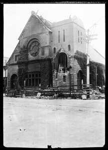 Exterior view of a damaged church in Oakland