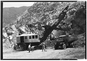 San Gabriel Dam construction, showing a large Bucyrus-Erie B-120 electric shovel, 1936