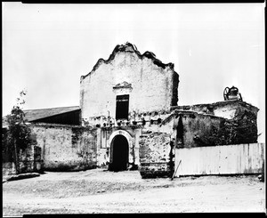 View of the entrance to the Mission San Diego Alcala chapel, ca.1898