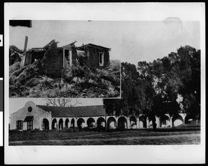 Composite image showing the Manuel Dominguez adobe in Carson before and after restoration, ca.1905