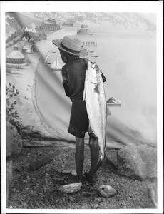 Young boy, from the back, holding a yellowtail fish, standing in front of a backdrop of Avalon, ca.1900-1910
