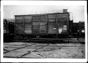 Exterior side view of a French box car used in World War I, ca.1919