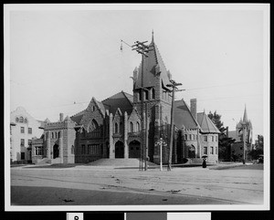 Exterior view of First Methodist Church, Pasadena, on Colorado Boulevard, moved to Holliston and Colorado, ca.1920